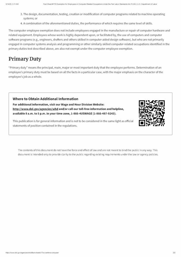 fact sheet page 2 containing details about computer-related employees exemption