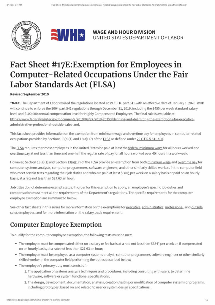 a fact sheet containing details about computer-related employees exemption