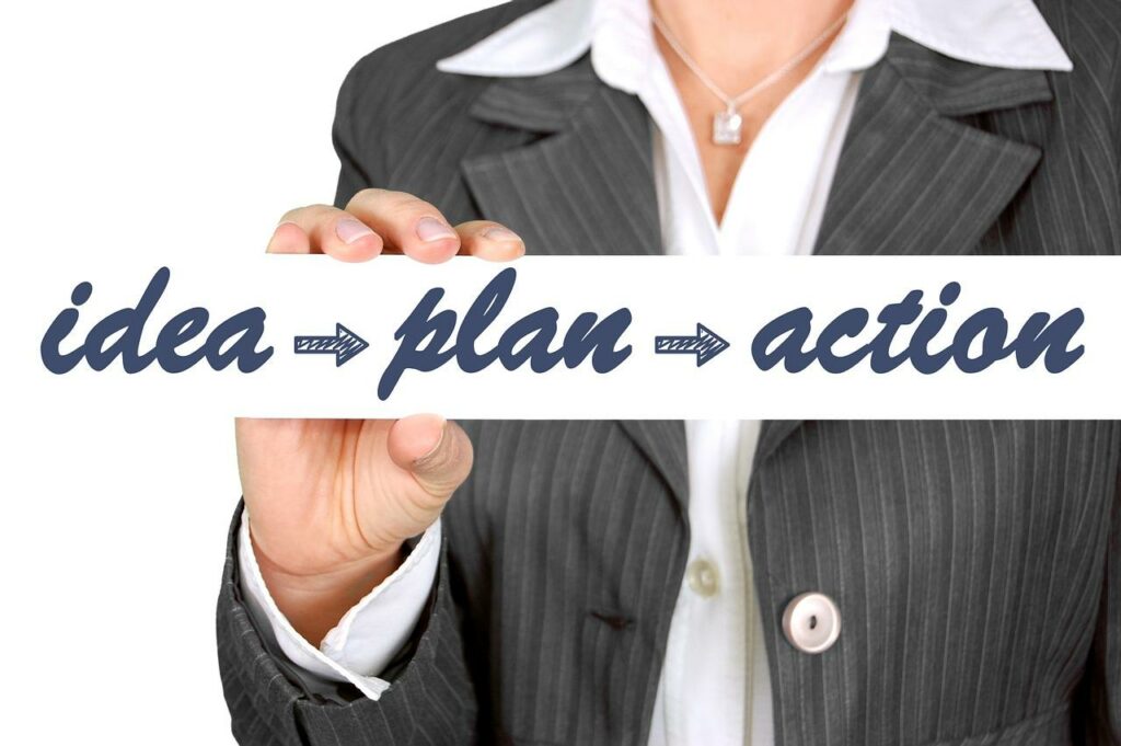 a woman holding the idea, plan, action sign