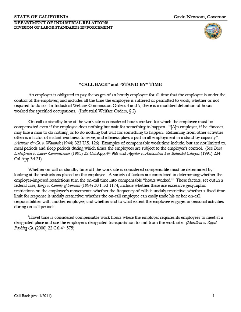 the state of california call back and stand by time law