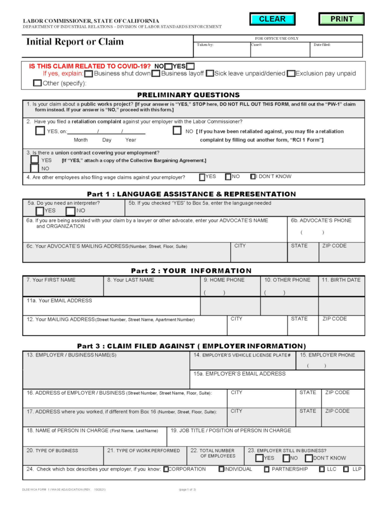 initial report or claim form