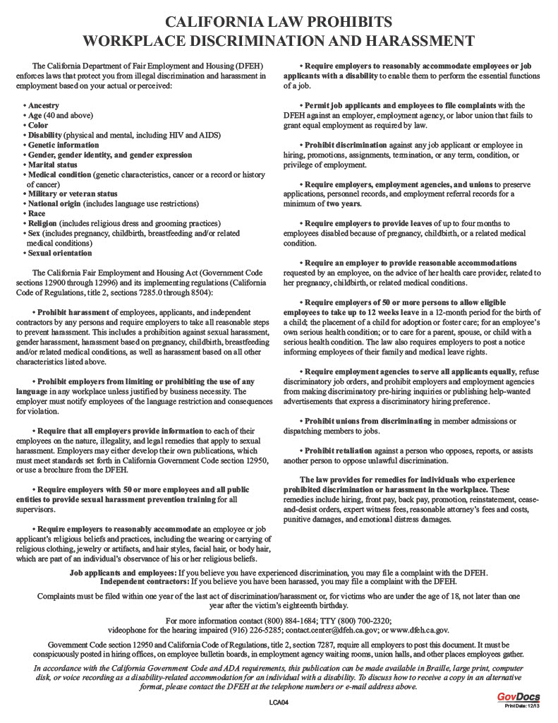 california law workplace discrimination and harassment